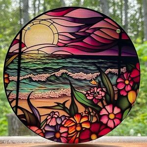 Suncatcher Acrylic Beach Floral Sunset Scene Trees Nature Home Cottage Decor